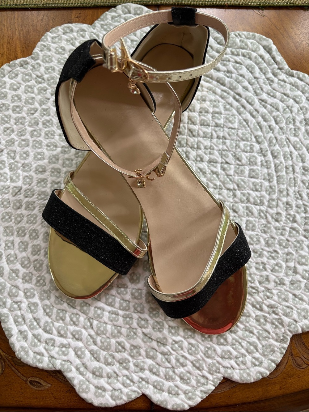 Women’s Black and Gold Ankle-Strap Sandals